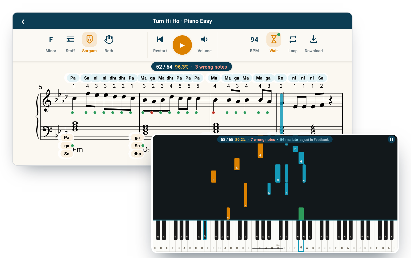 The interactive player showing Tum Hi Ho as sheet music with sargam note names and each note played marked correct or wrong, and the same arrangement as falling bars above a piano keyboard