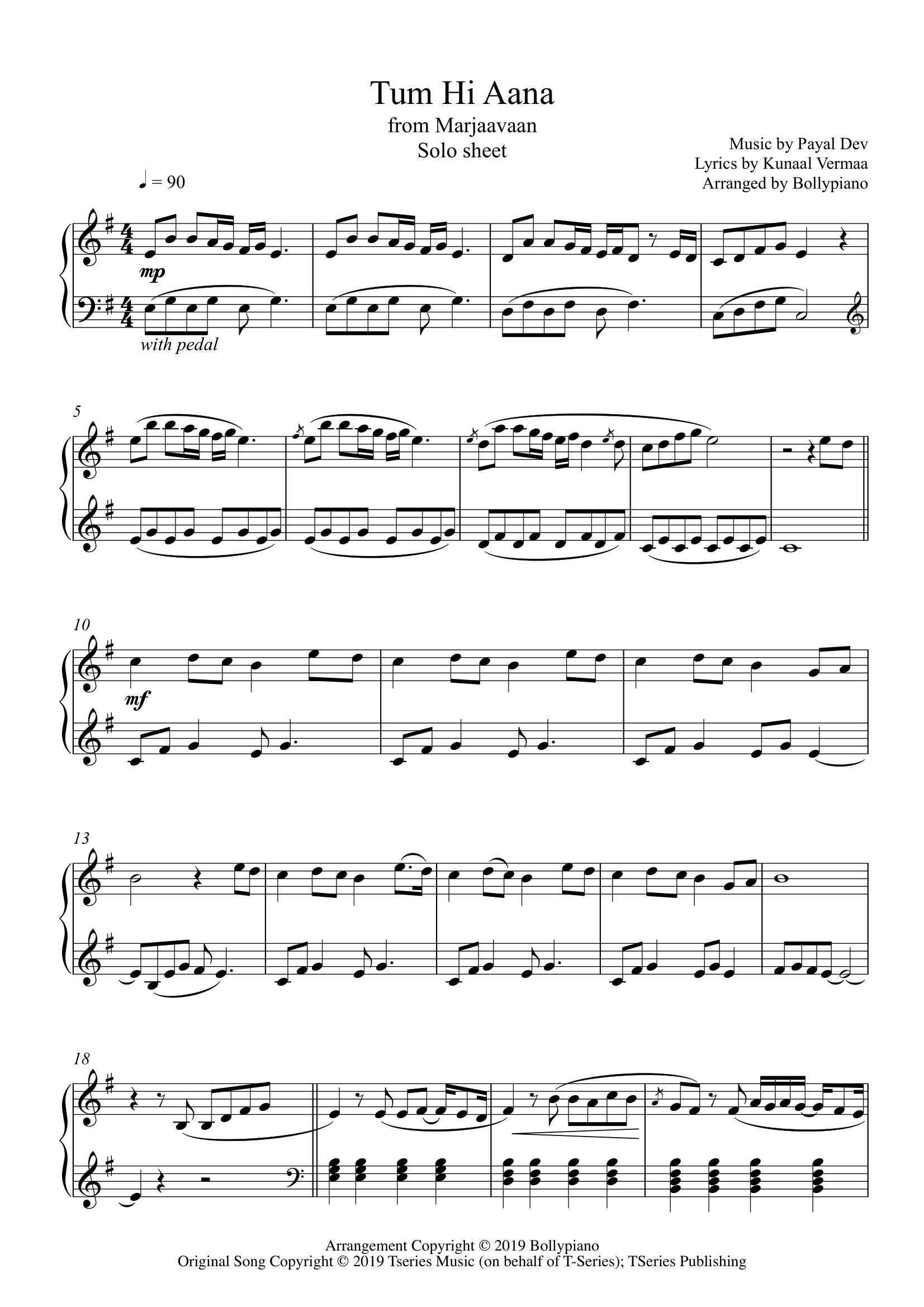 Tum Hi Aana Solo Sheet Bollypiano