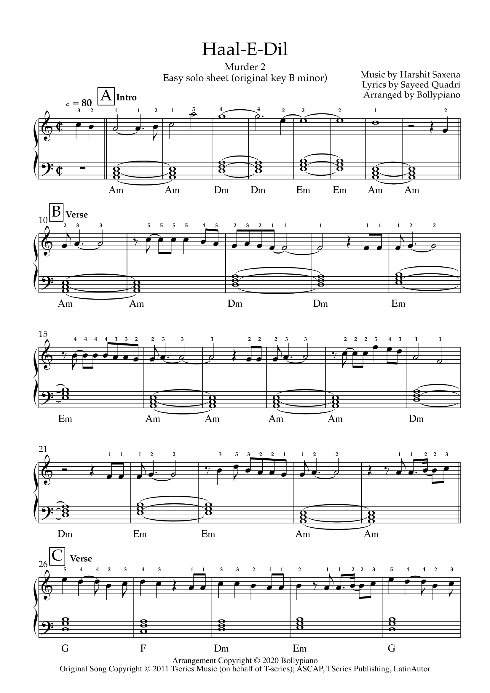 Haal-E-Dil Easy Solo Sheet Bollypiano