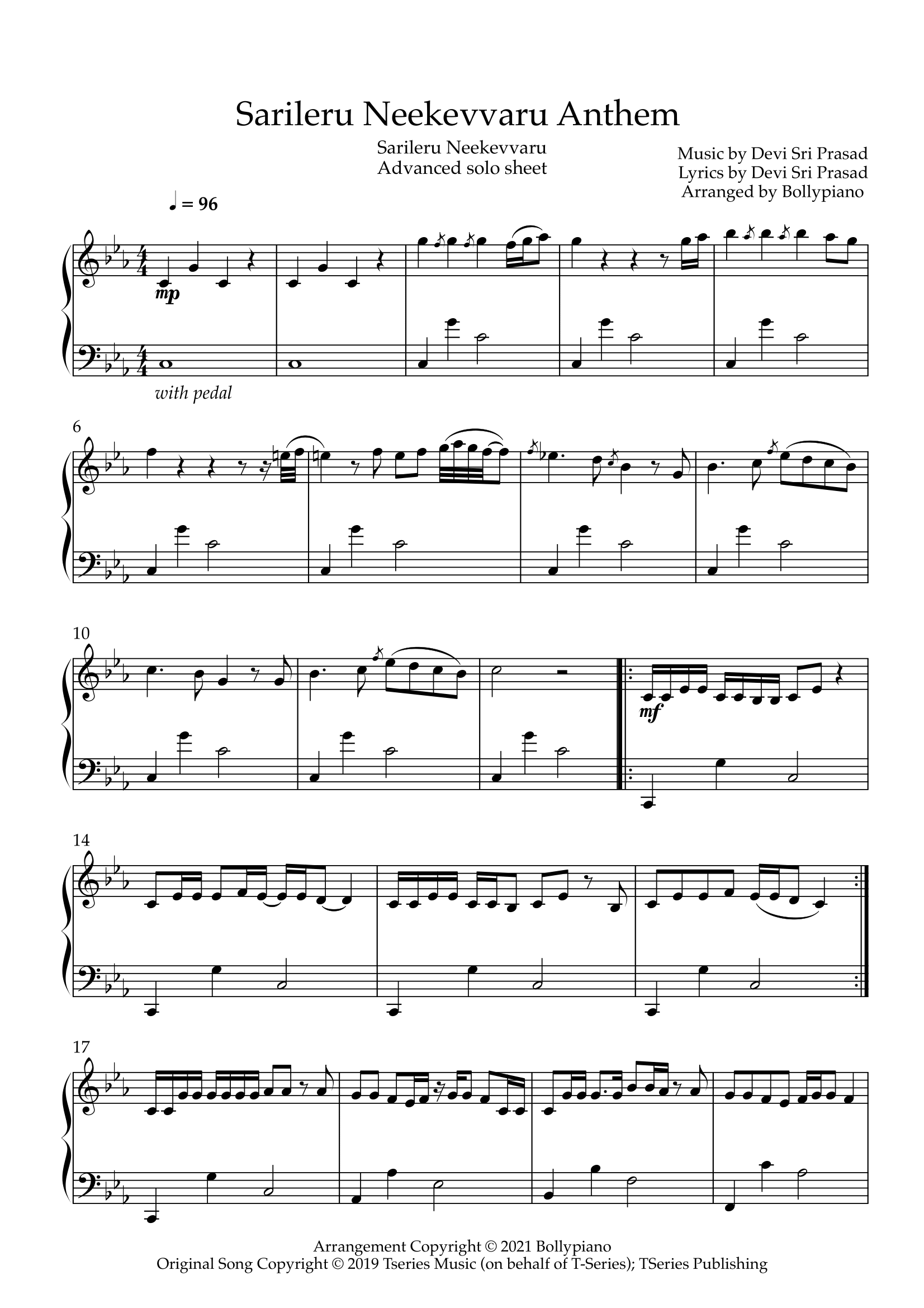 Sarileru Neekevvaru Anthem Advanced Solo Sheet Bollypiano