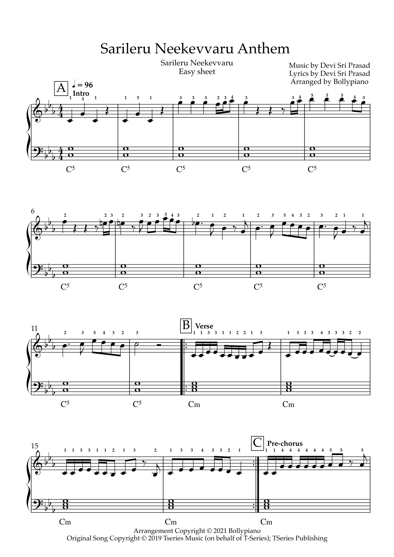 Sarileru Neekevvaru Anthem Easy Solo Sheet Bollypiano