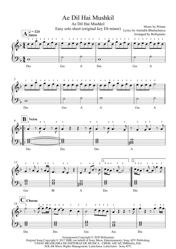Ae Dil Hai Mushkil Ae Dil Hai Mushkil Easy Solo Sheet