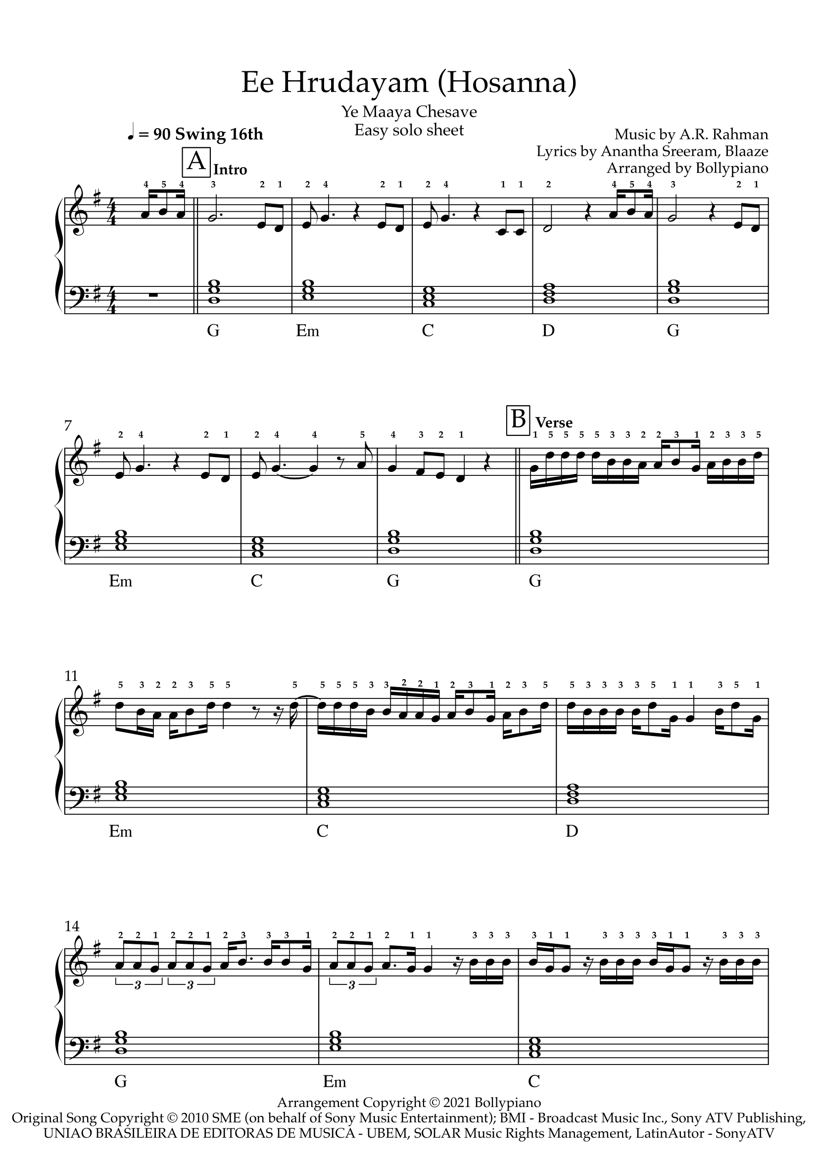 Ee Hrudayam (Hosanna) Easy Solo Sheet