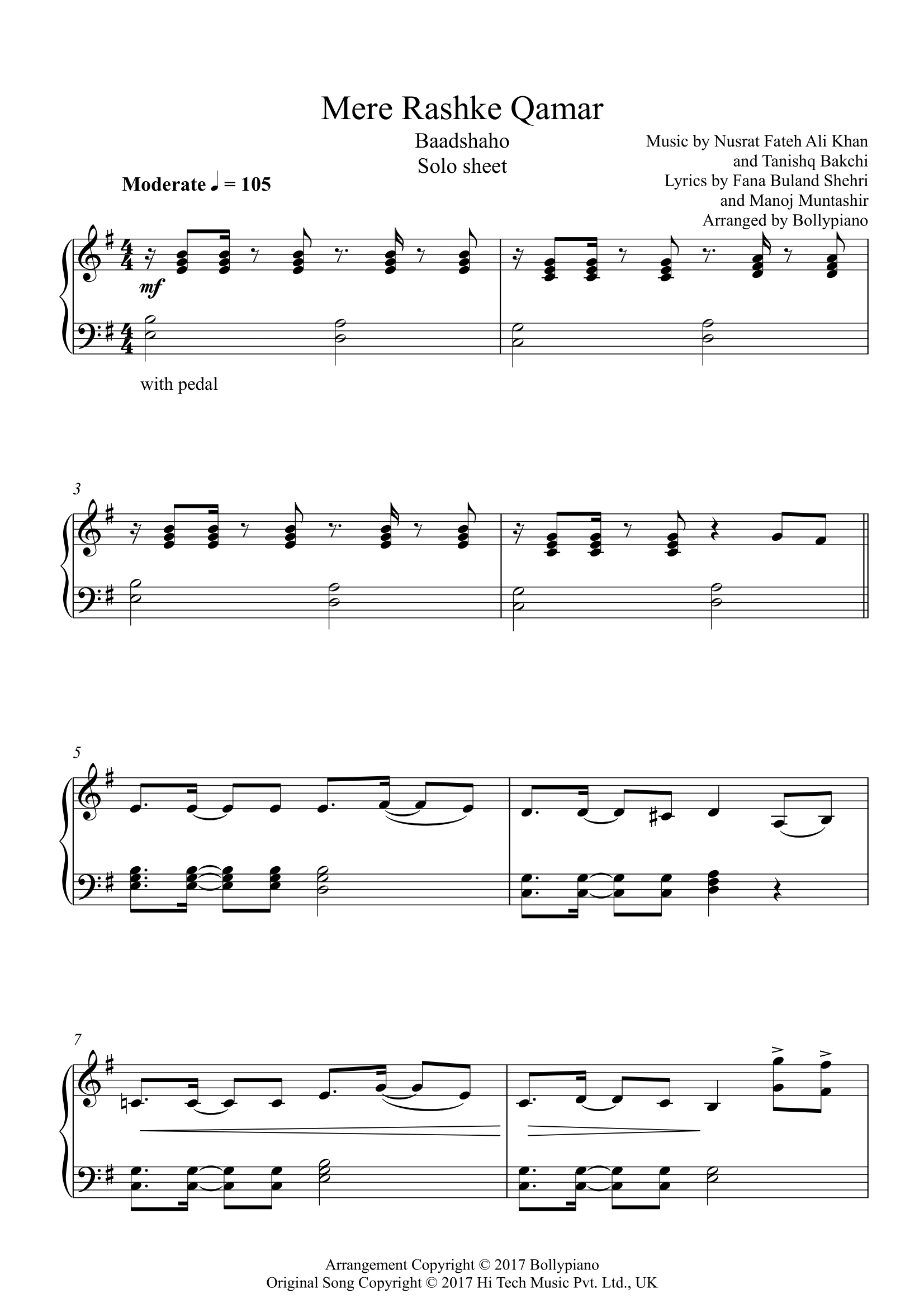 Mere Rashke Qamar Solo Sheet Bollypiano - Main Image