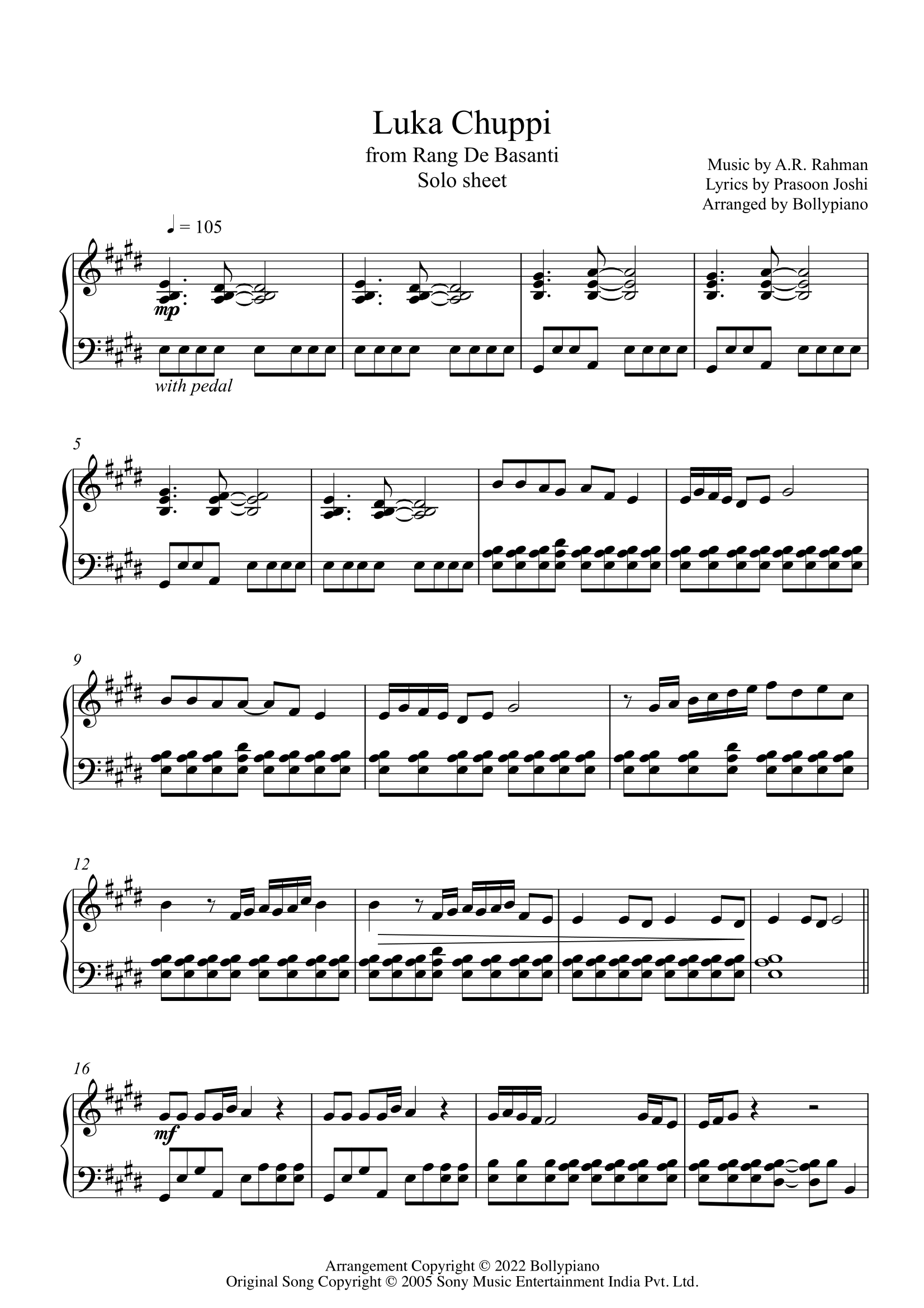 Luka Chuppi Solo Sheet Bollypiano