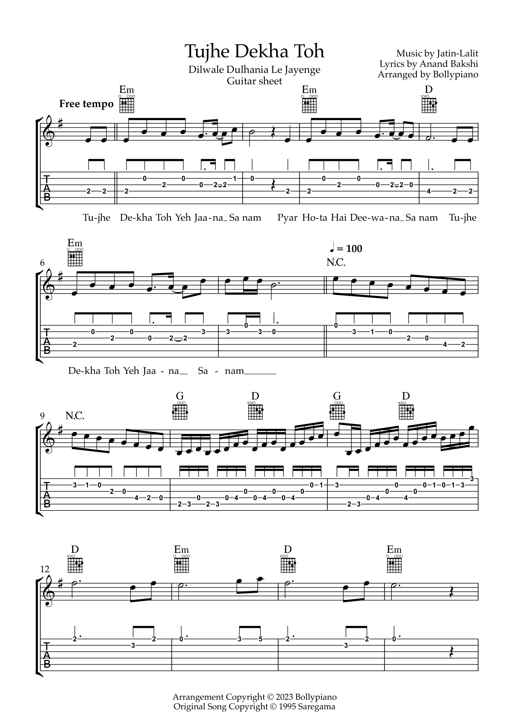 Tujhe Dekha Toh Guitar Sheet