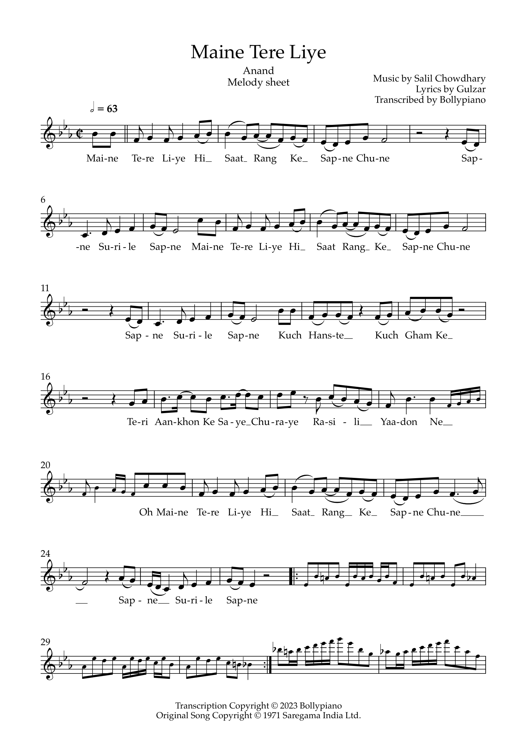 Maine Tere Liye Melody Sheet