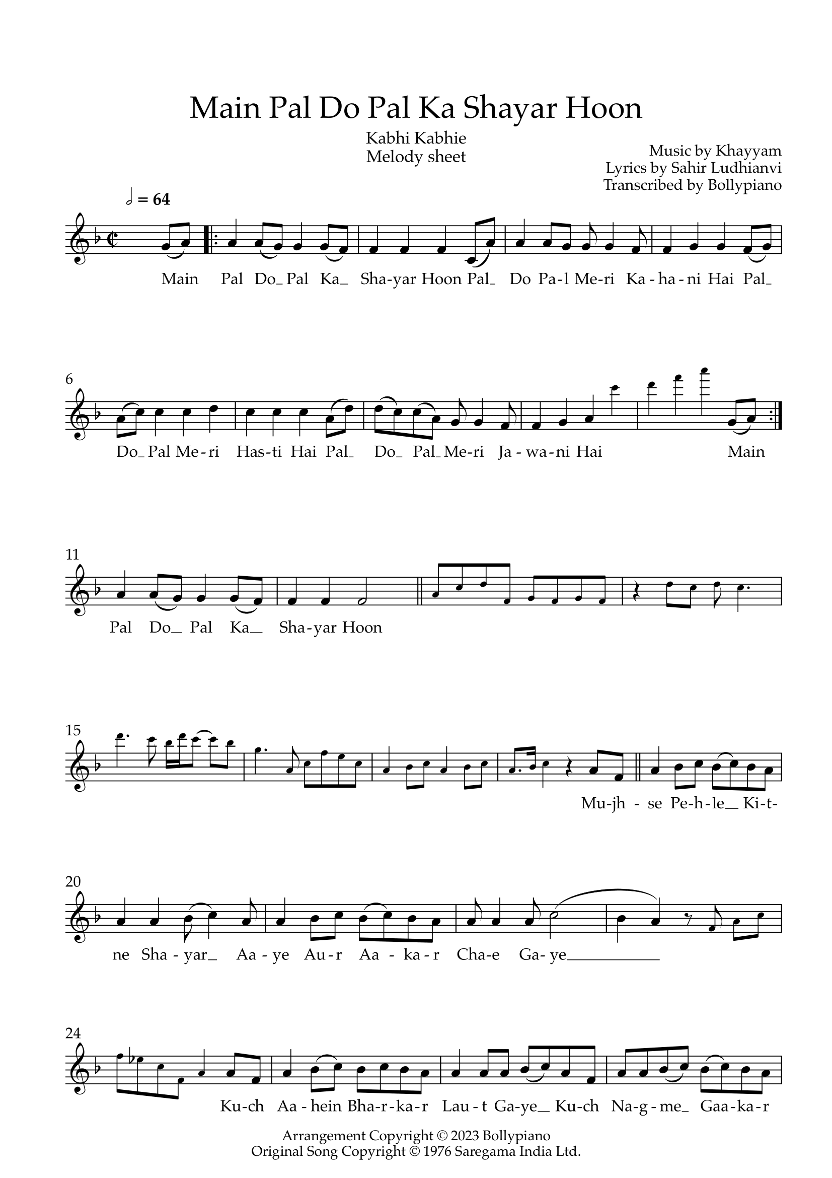 Main Pal Do Pal Ka Shayar Hoon Melody Sheet Bollypiano