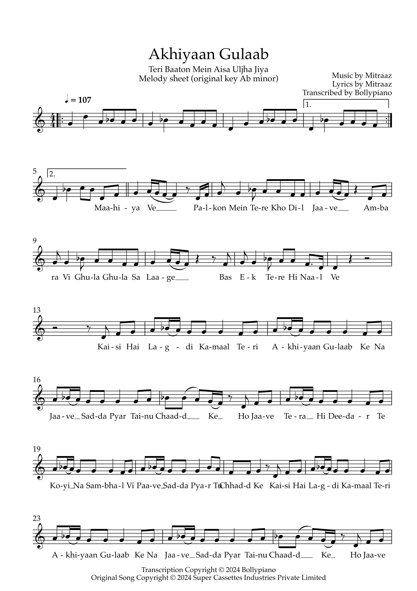 Akhiyaan Gulaab Melody Sheet