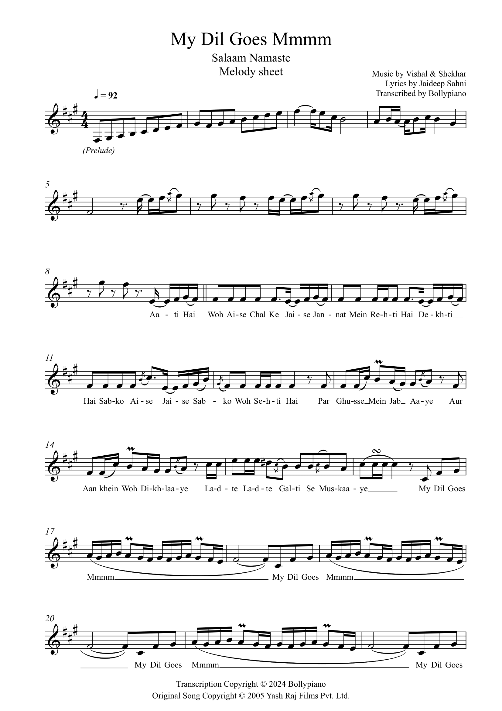 My Dil Goes Mmmm Melody Sheet Bollypiano