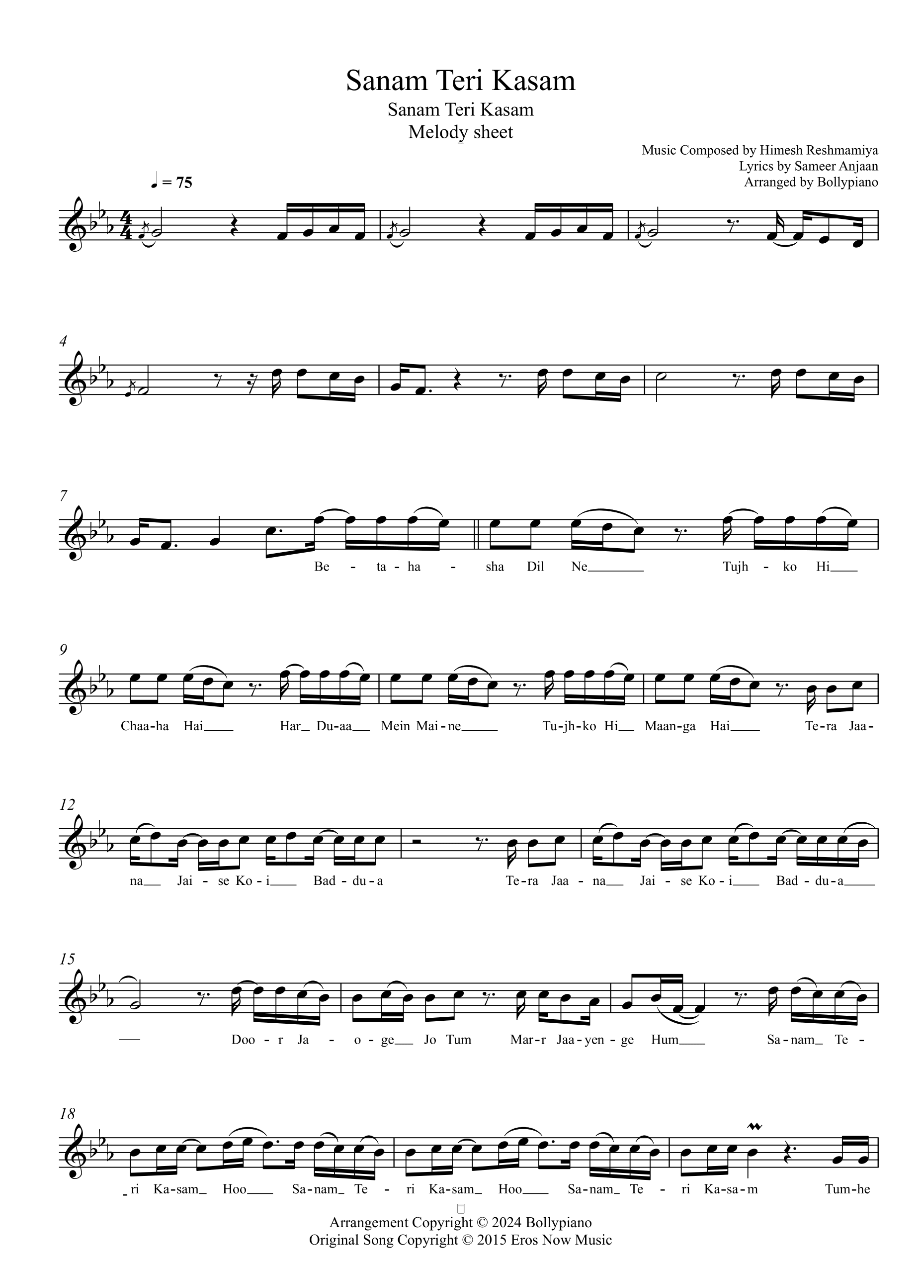 Sanam Teri Kasam Melody Sheet