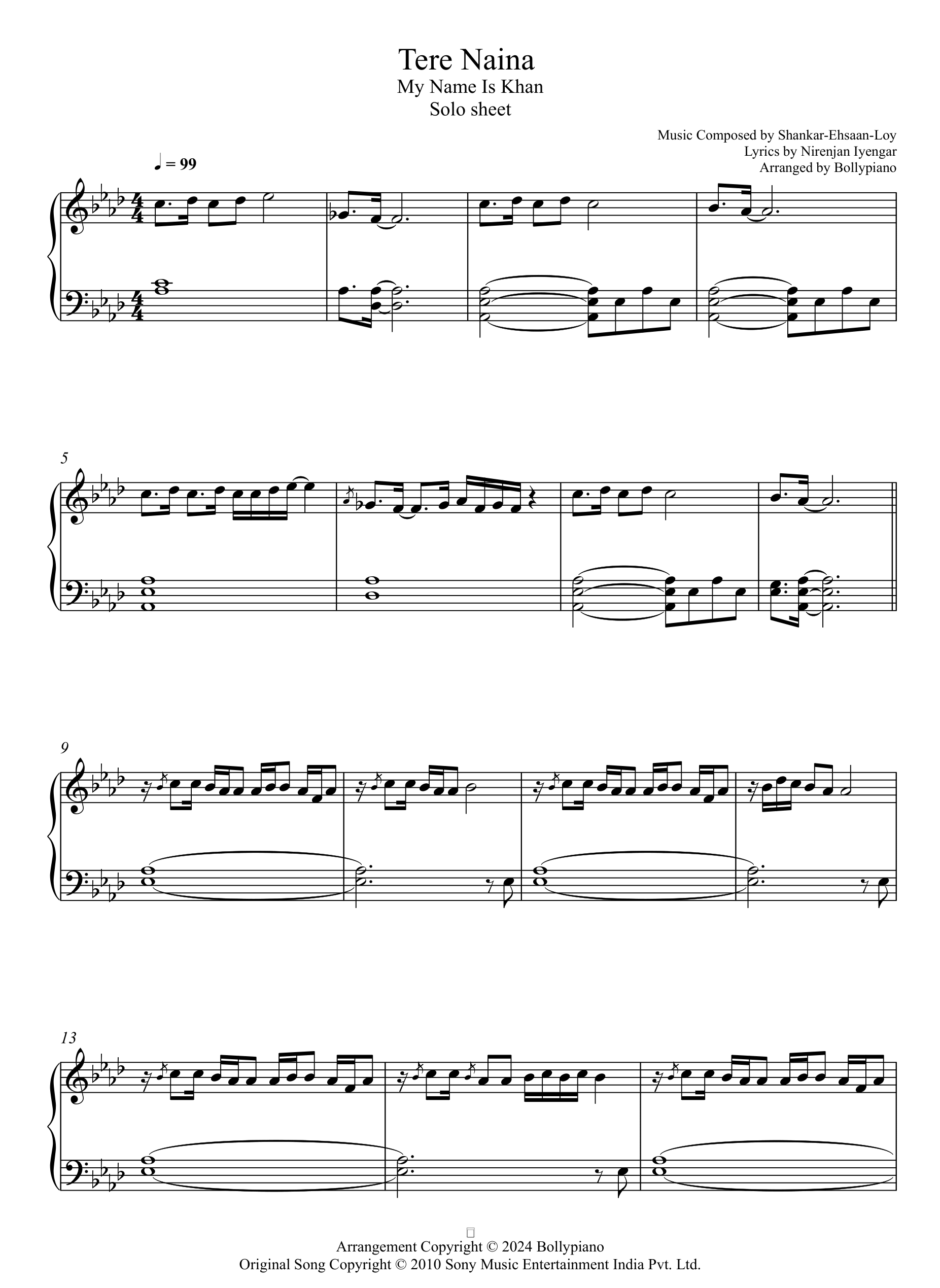 Tere Naina Solo Sheet Bollypiano