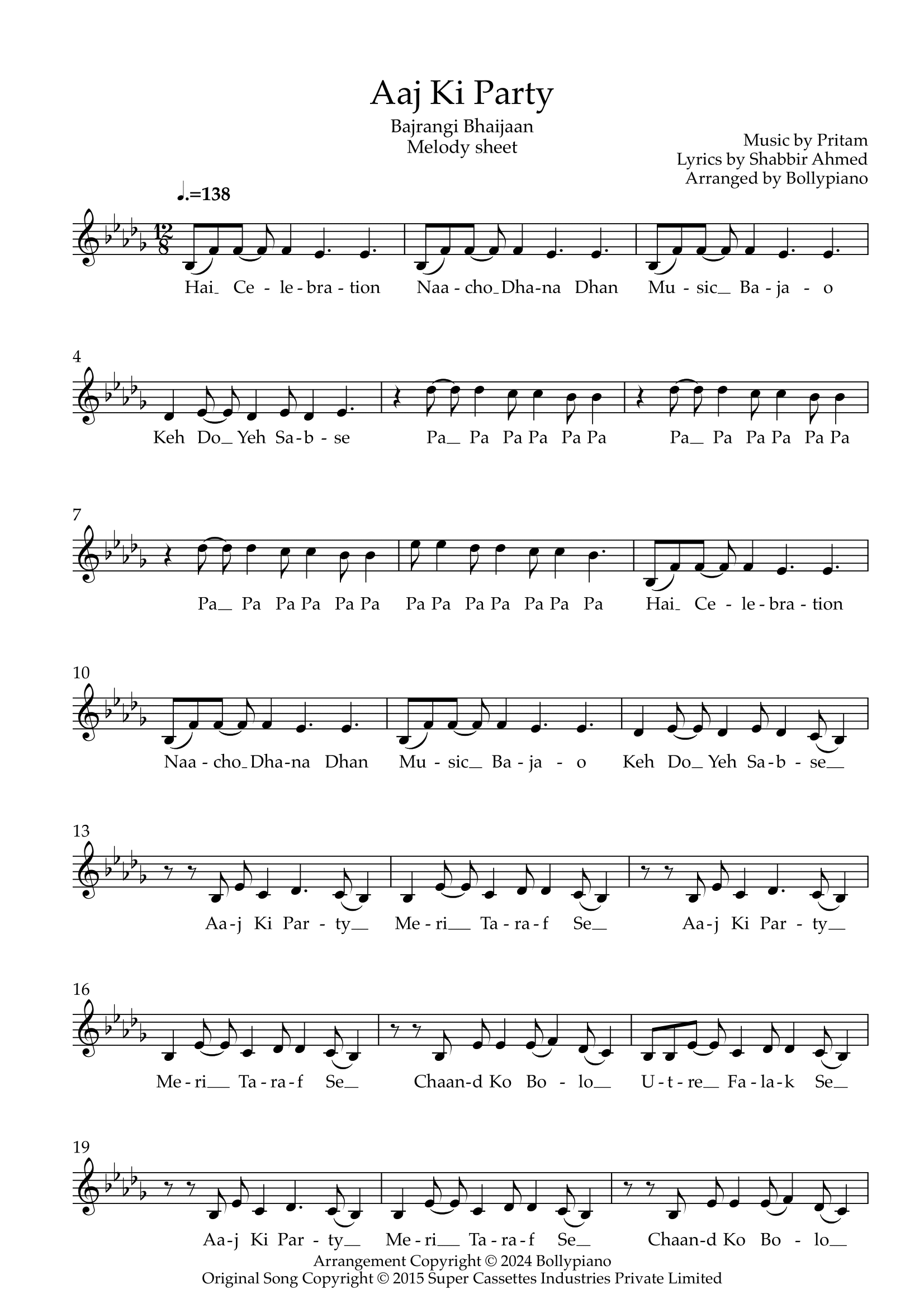 Aaj Ki Party Melody Sheet