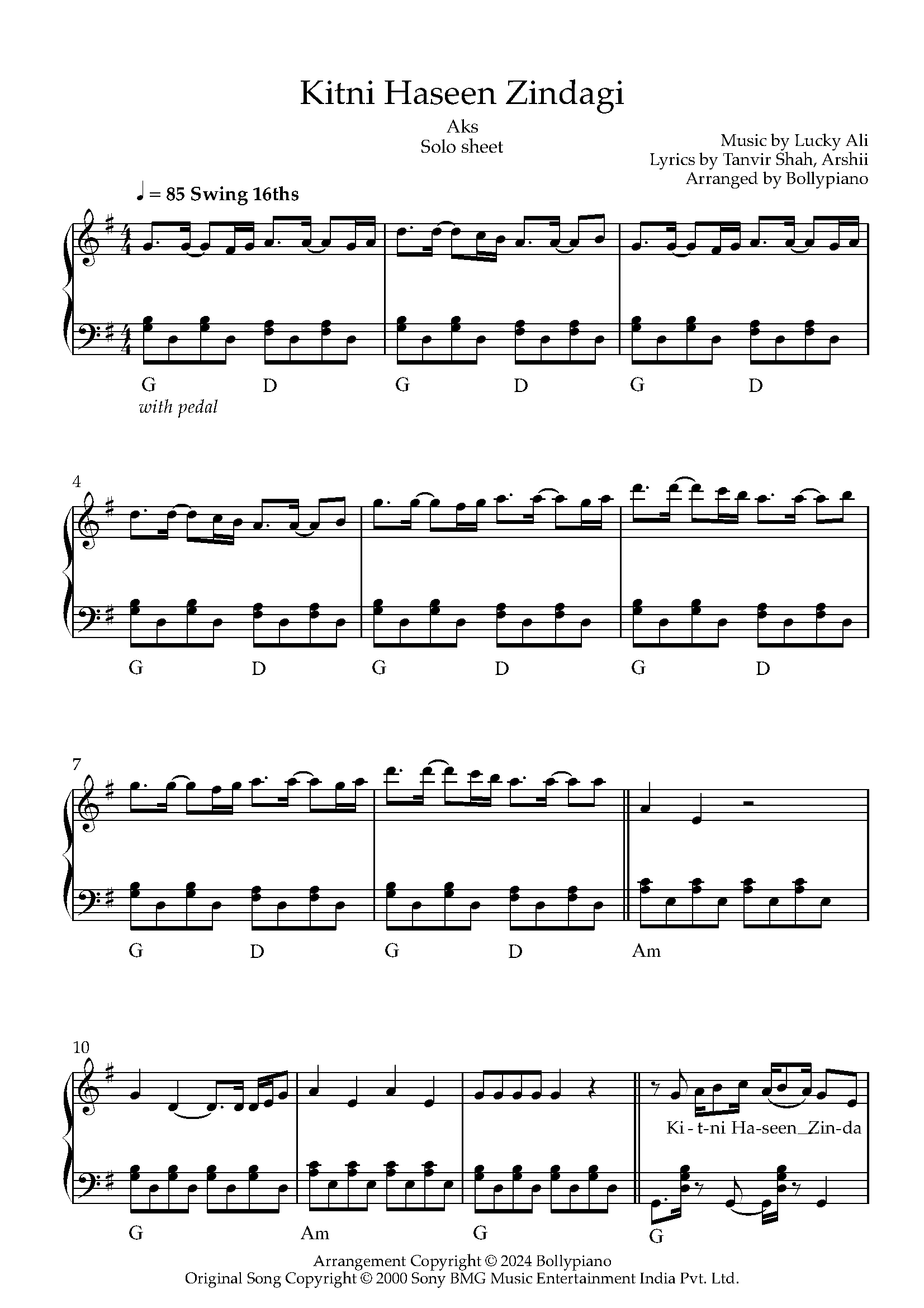 Zindagi Haseen Song Kitni Haseen Zindagi Solo Sheet Bollypiano