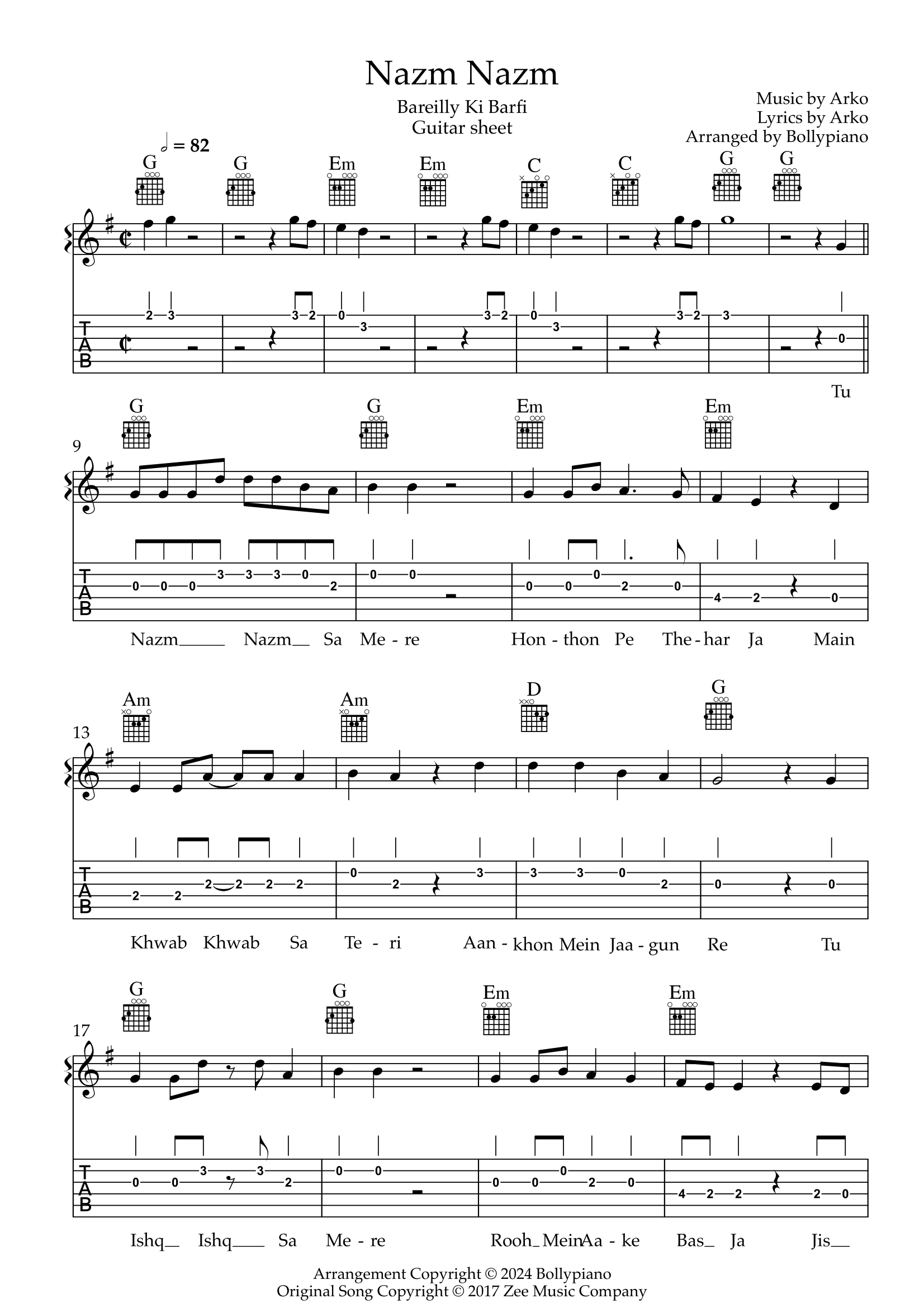 Nazm Nazm Guitar Sheet Bollypiano