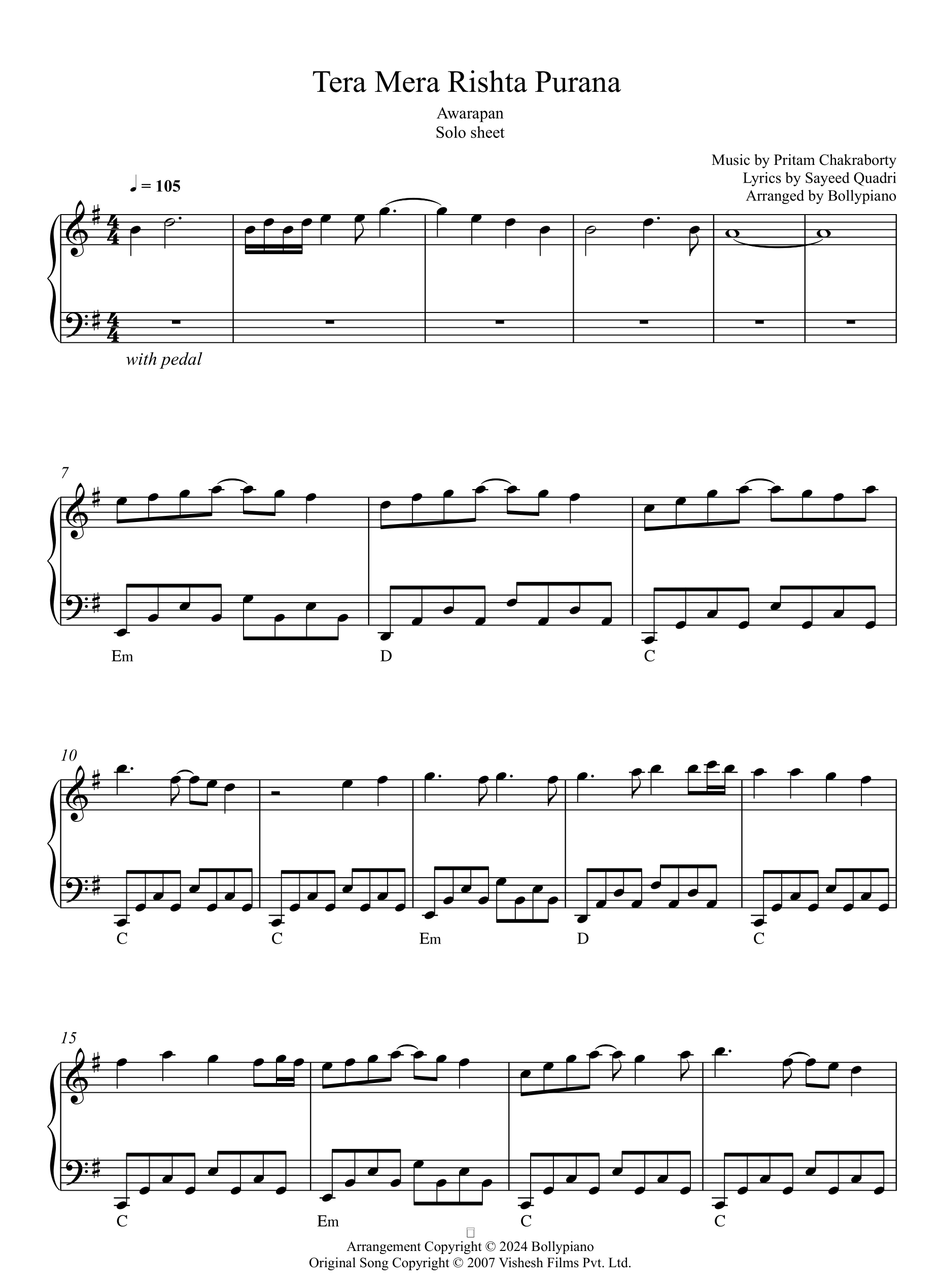 Tera Mera Rishta Purana Solo Sheet Bollypiano