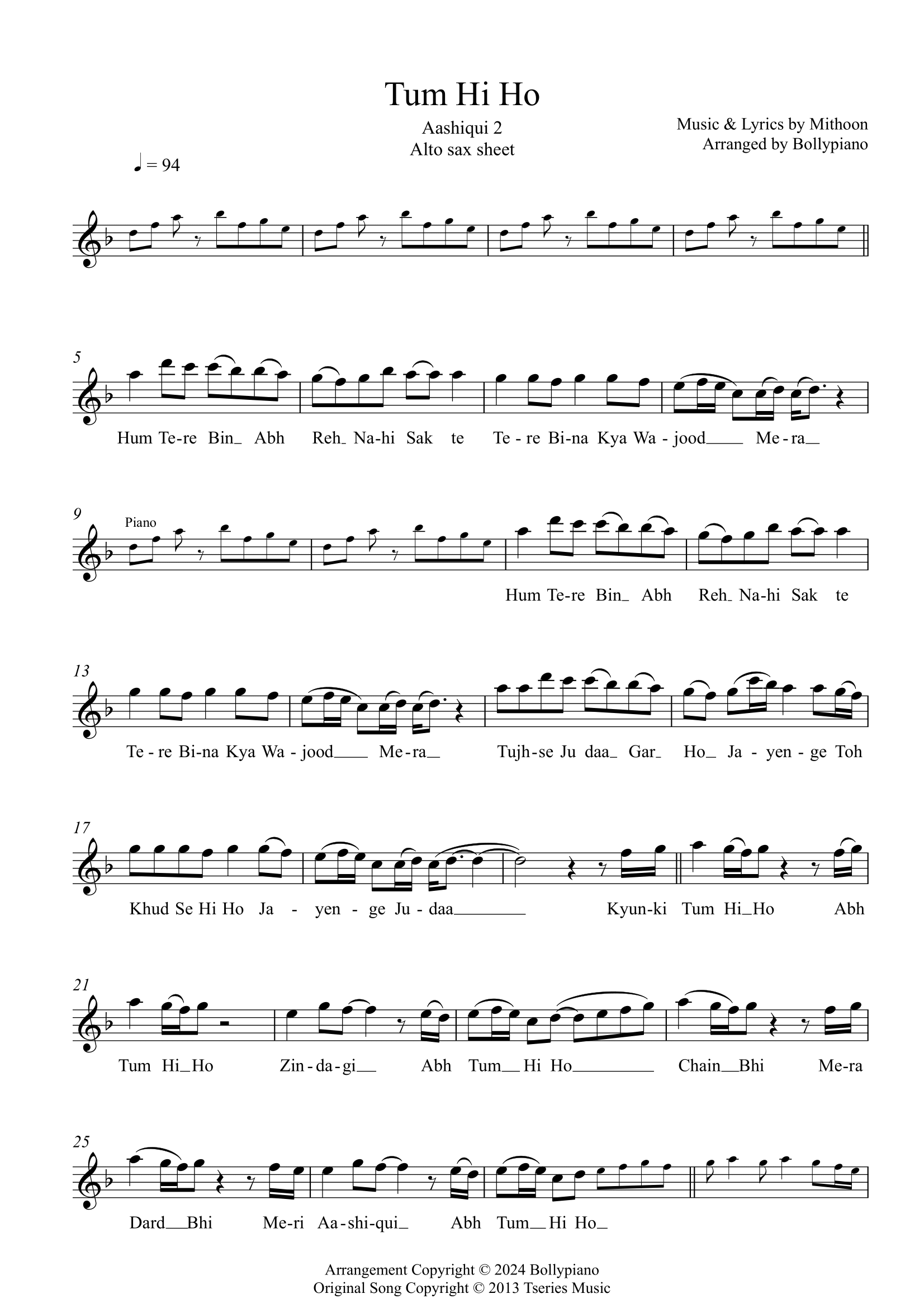 Tum Hi Ho Alto Saxophone Sheet