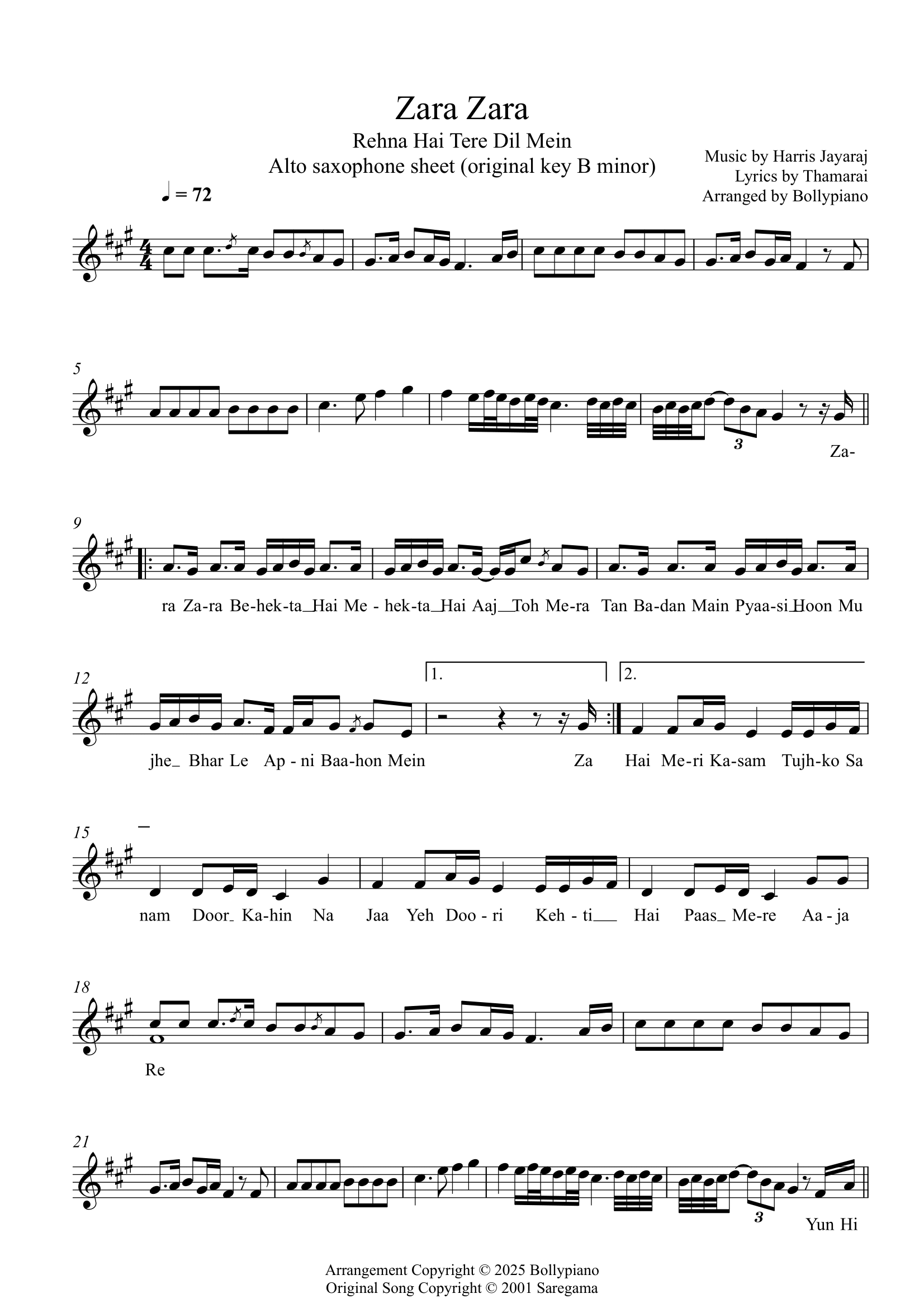 Saif Ali Rehnaa Hai Terre Dil Mein Lyrics Zara Zara Alto Saxophone