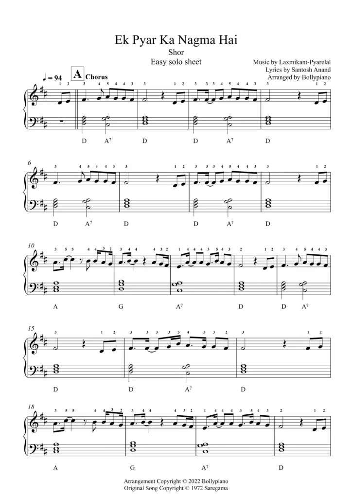 Ek Pyar Ka Nagma Hai Easy Solo Sheet PDF | Shor | >99% Accurate Piano Notes