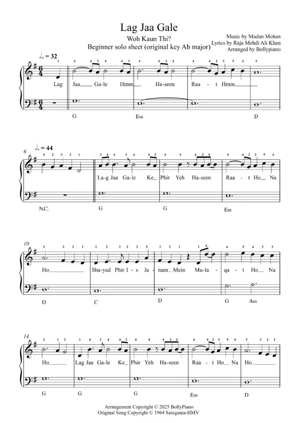 Lag Jaa Gale Beginner Solo Sheet