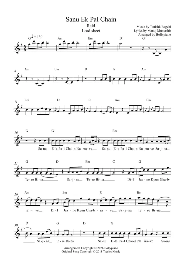Sanu Ek Pal Lead Sheet