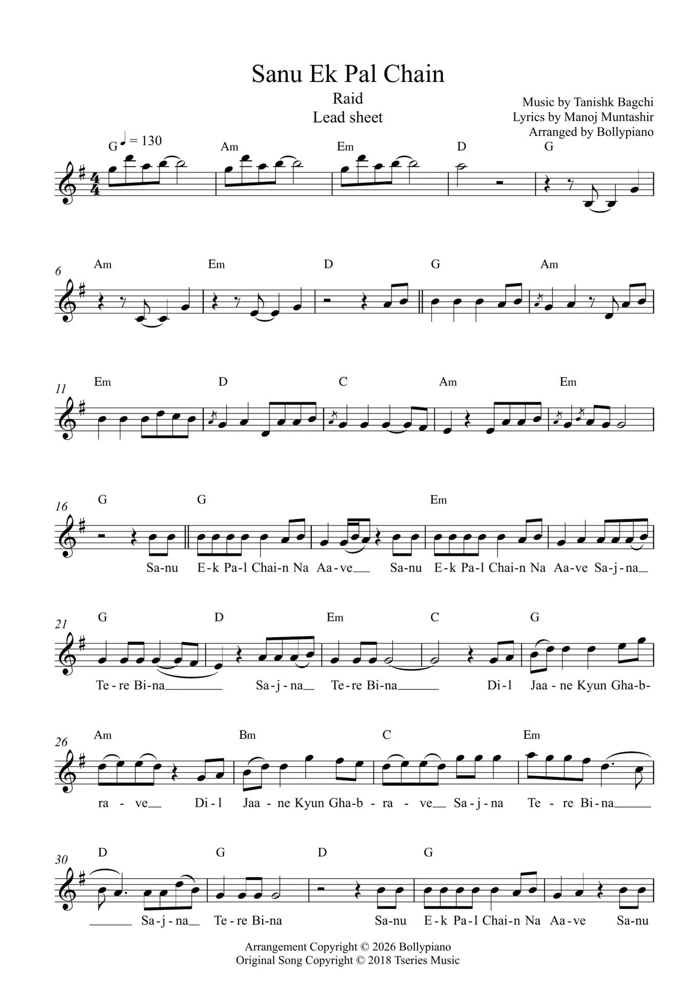Sanu Ek Pal Lead Sheet