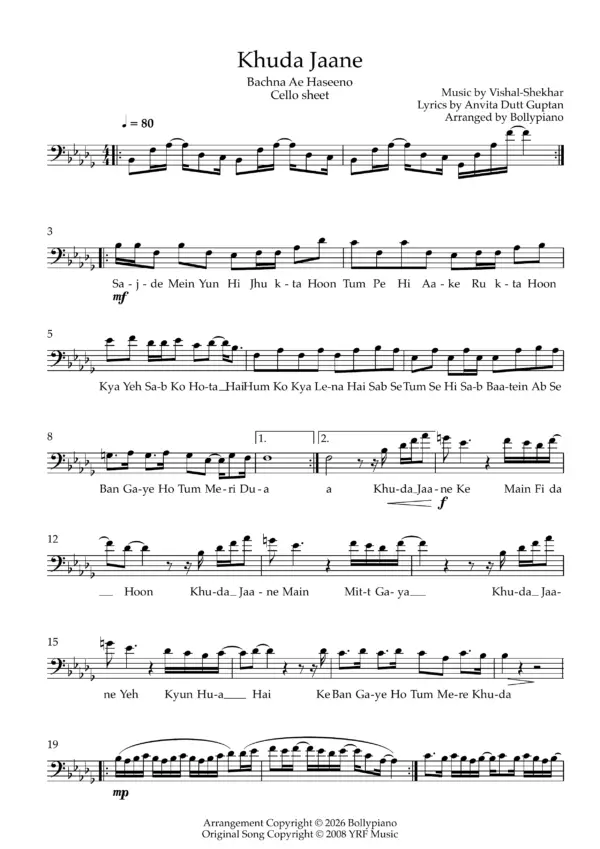 Khuda Jaane Cello Sheet